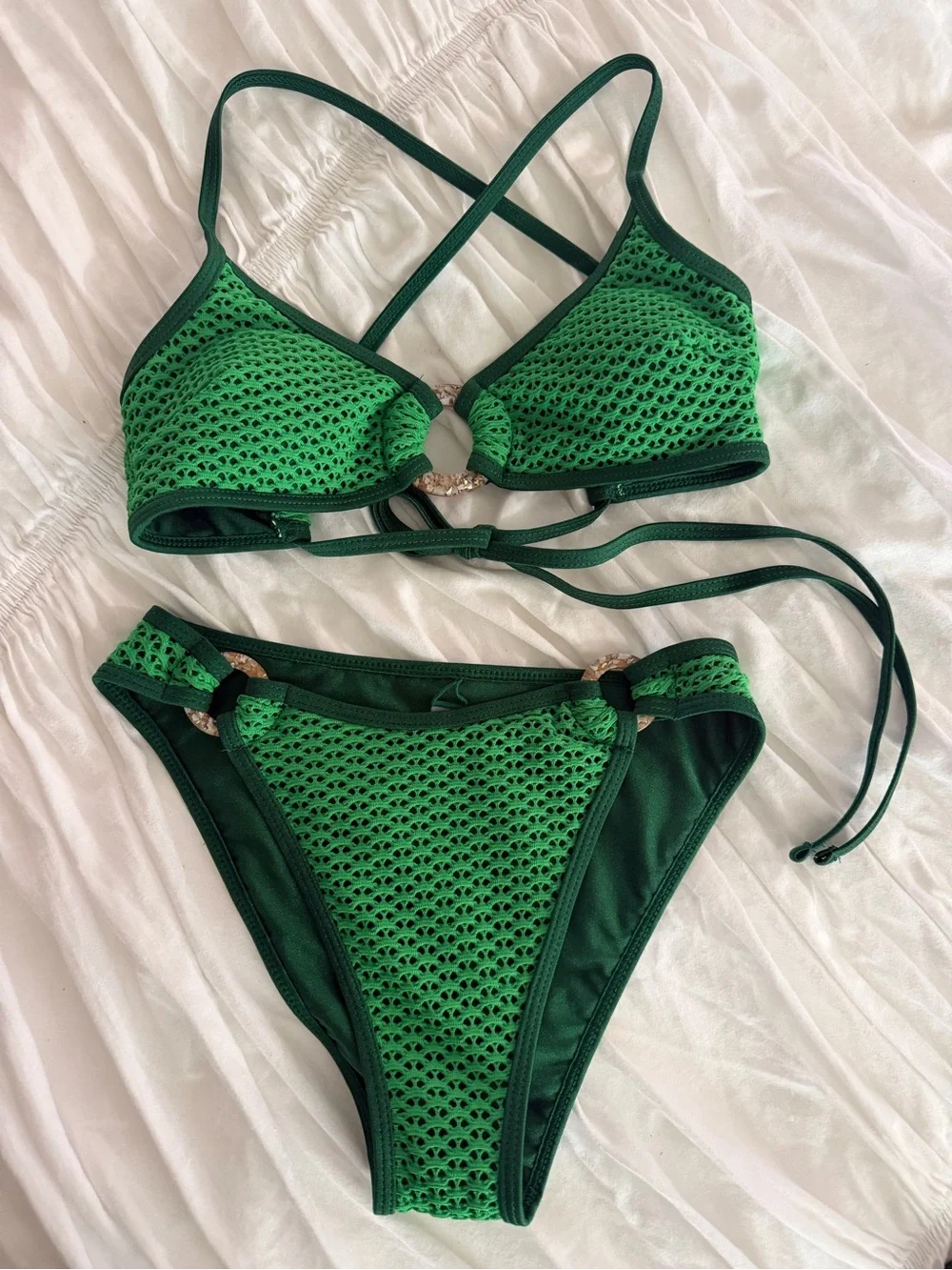 Samiol Green Crochet Mesh Ring Bikini Set Medium Coverage Bottom Size S